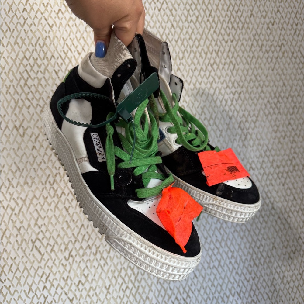 Off-White High-Tops with Green and Orange Accents